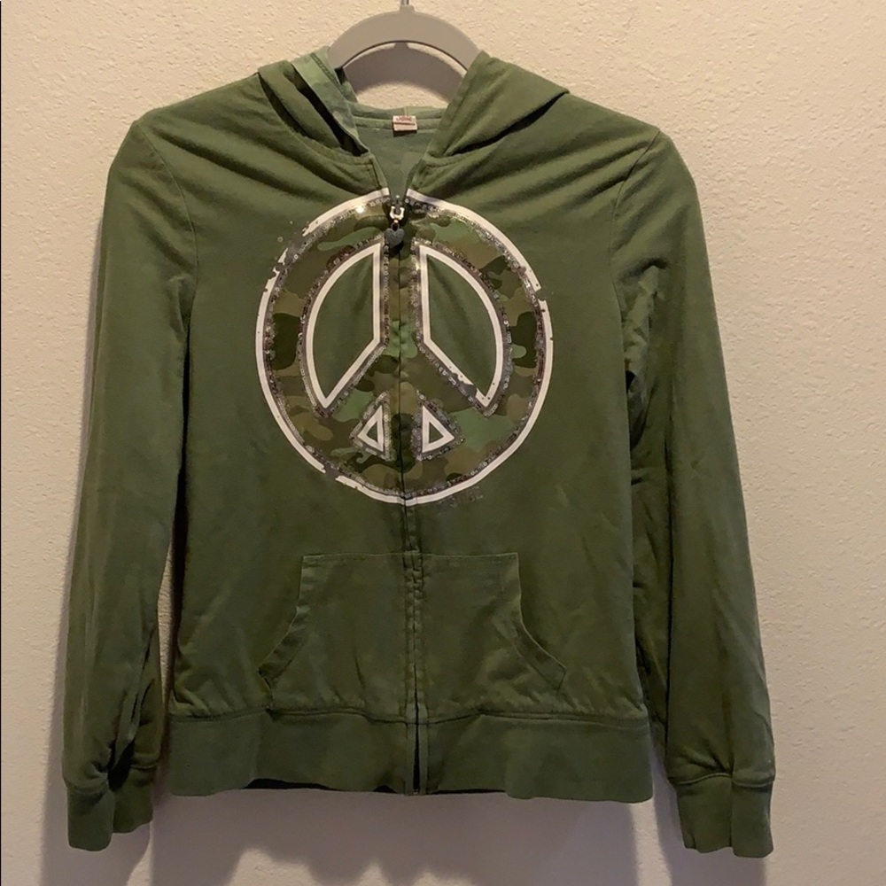 Justice Girls CAMO Green Peace Hoodie. Size 16.